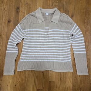 Gap Women Beige And White Open Knit‎ Crocheted V Neck Collared Sweater XL